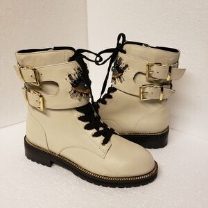 Kurt Geiger Cream Combat Boots with Gold Buckles